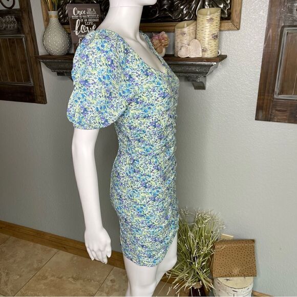Live To Be Spoiled Green Pastel Floral Ruched Front Short Cap Sleeve Dress - Picture 6 of 13